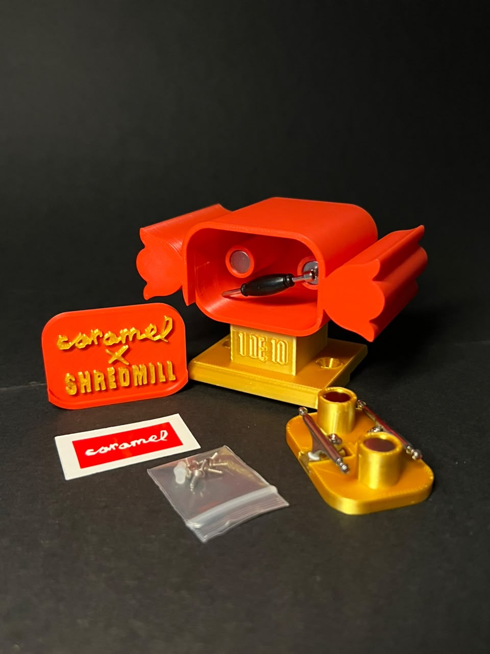Open Caramel × Shredmill piece with its components and accessories