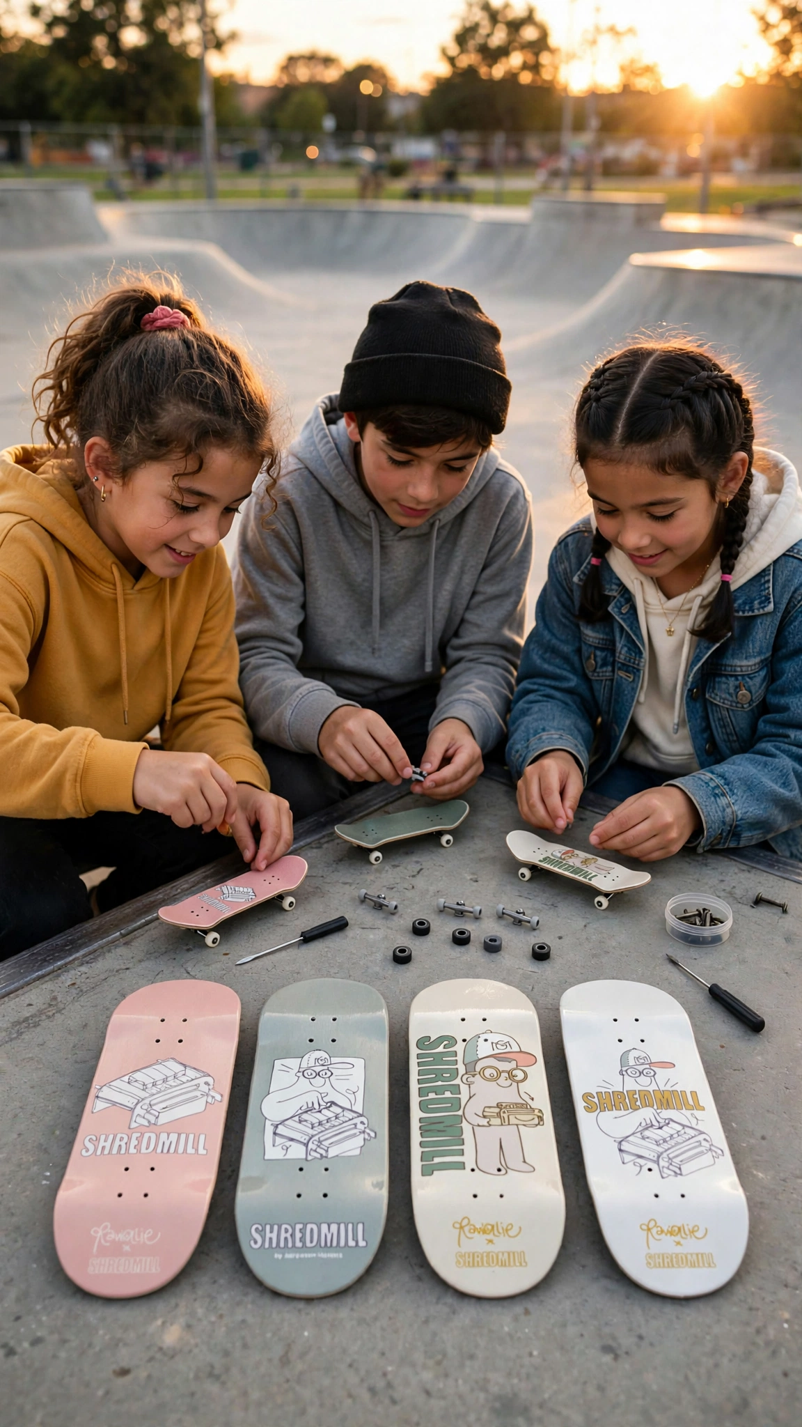 Illustrative skatepark scene featuring all four Shredmill and Raviollie fingerboard deck designs