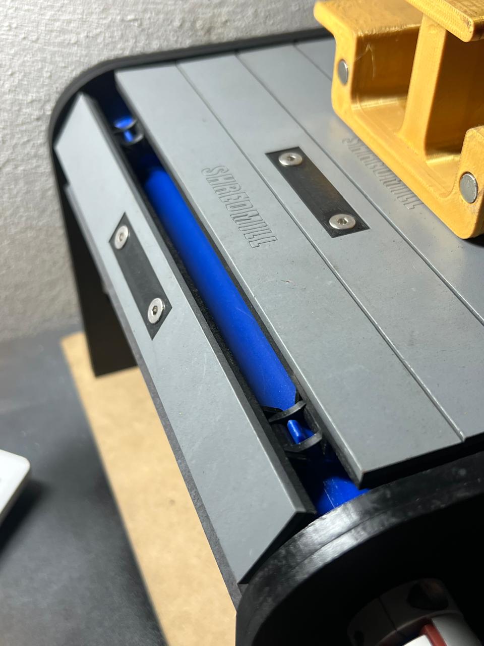 Prototype detail showing the segmented surface, roller and a magnetic Shredmill obstacle