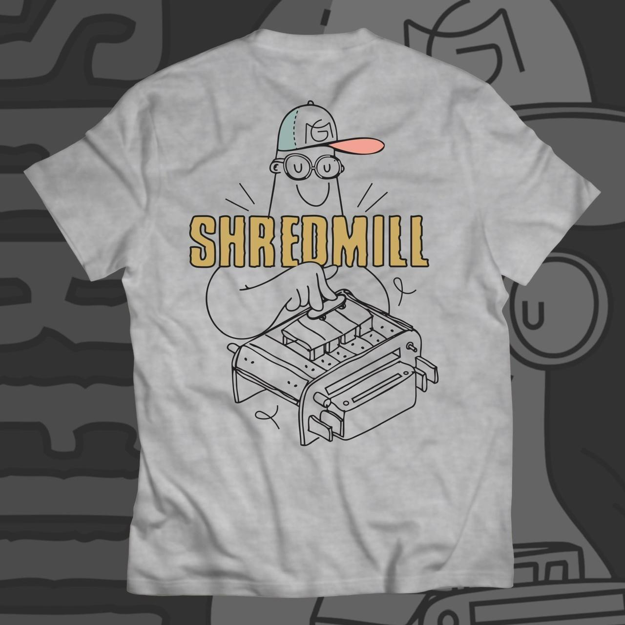 Gray Shredmill graphic tee on a graphite background